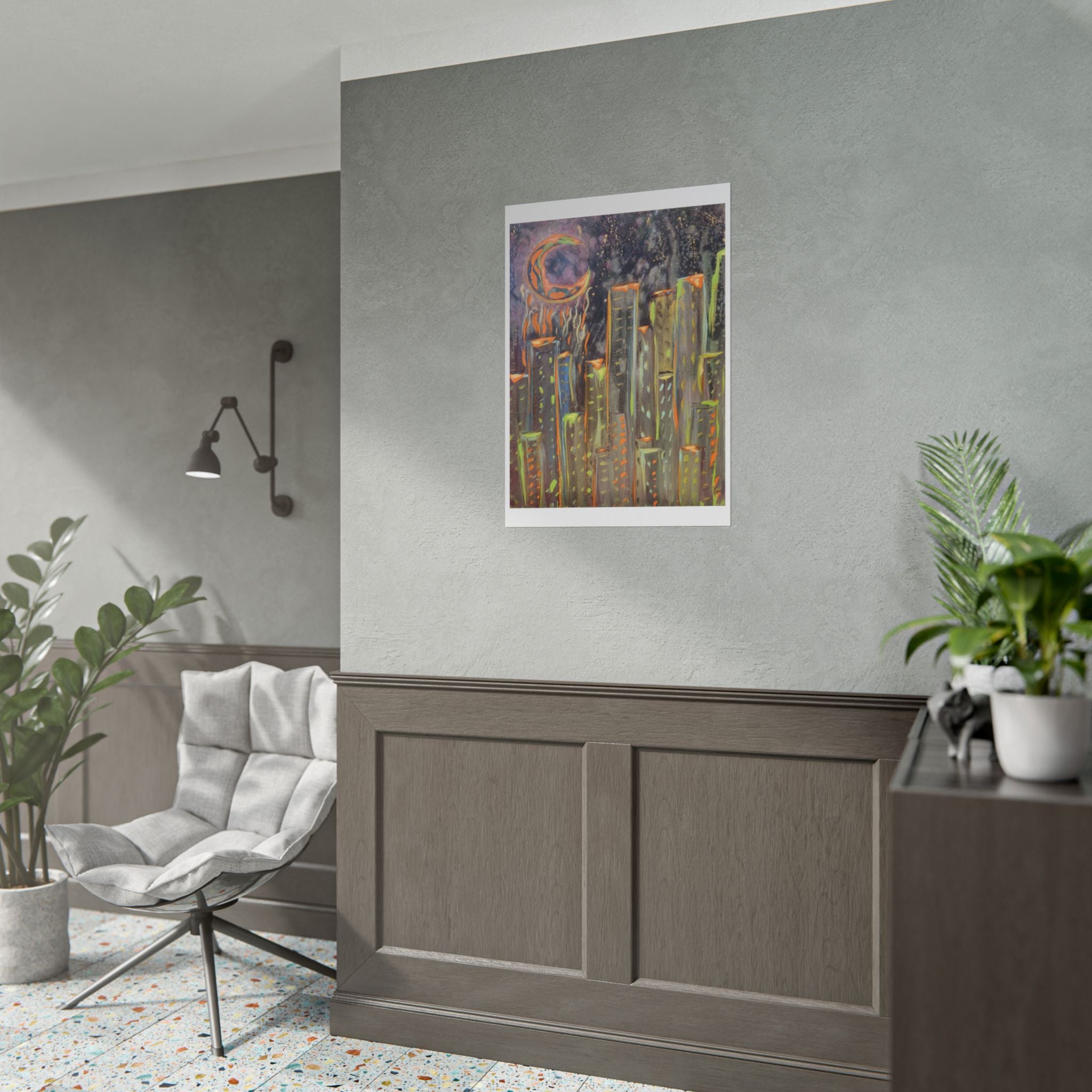 City Skyline Moon Poster — Neon Nightscape Rolled Art Print