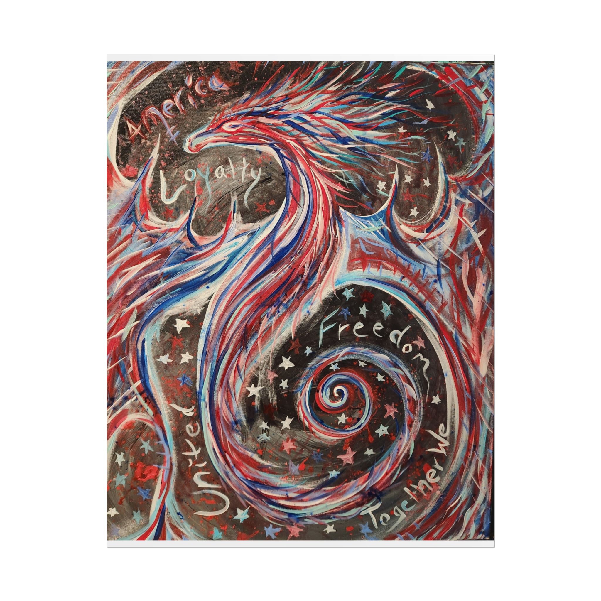 Rolled Poster — Patriotic Swirl Art Print: "Freedom, Unity, Loyalty" Red White Blue Decor