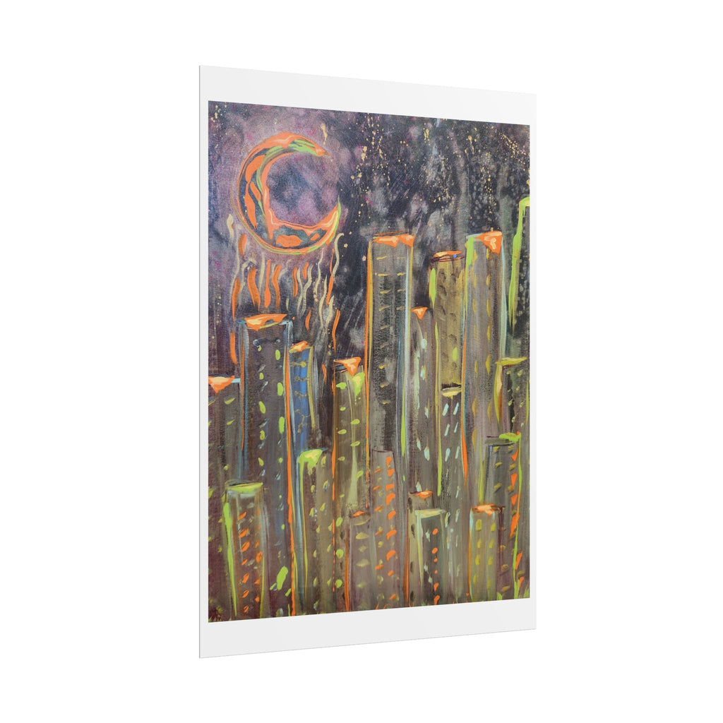 City Skyline Moon Poster — Neon Nightscape Rolled Art Print