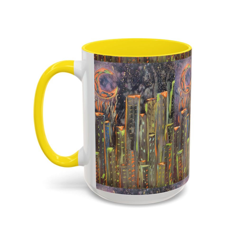 Cityscape Night Coffee Mug — Neon Skyline Art Accent Mug
