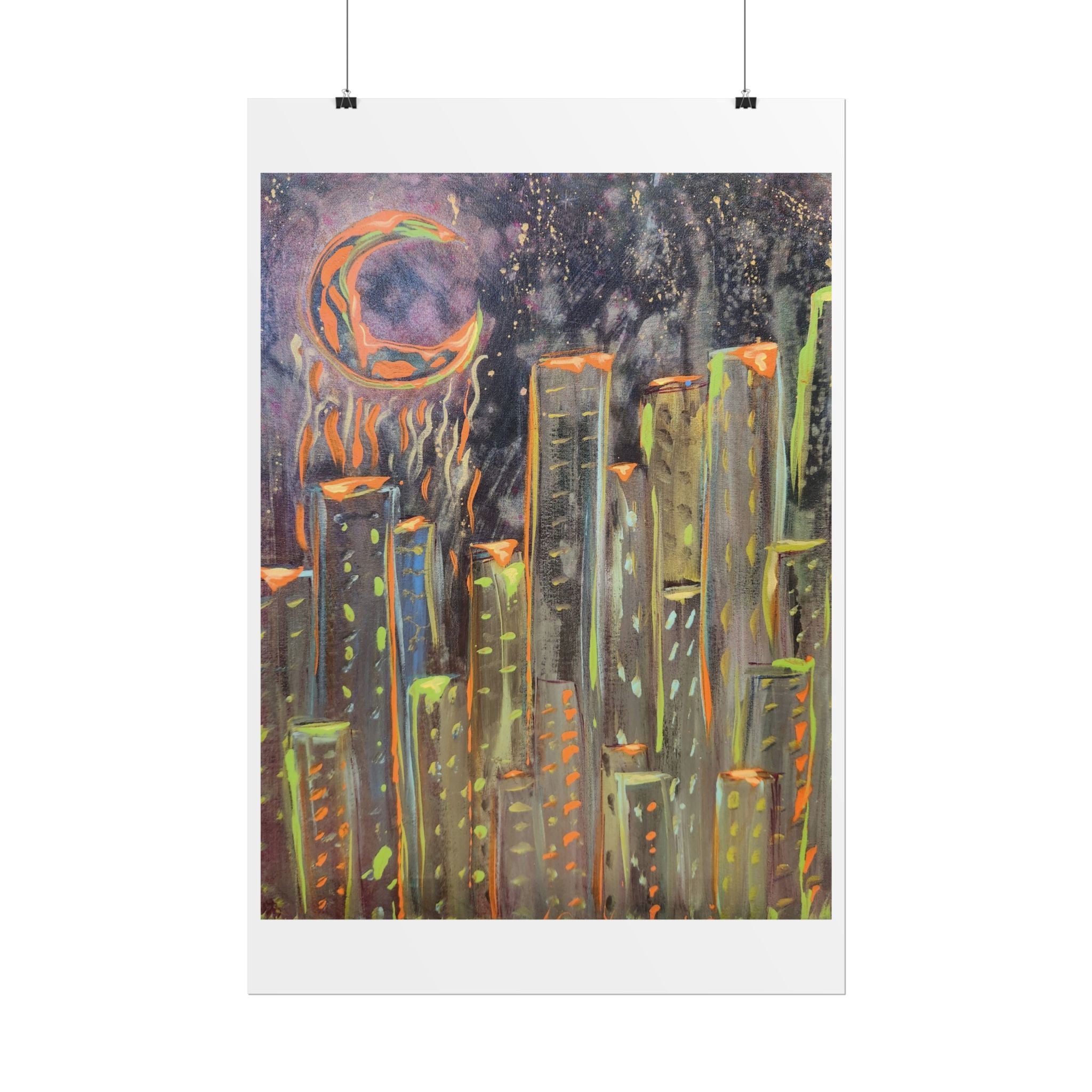 City Skyline Moon Poster — Neon Nightscape Rolled Art Print