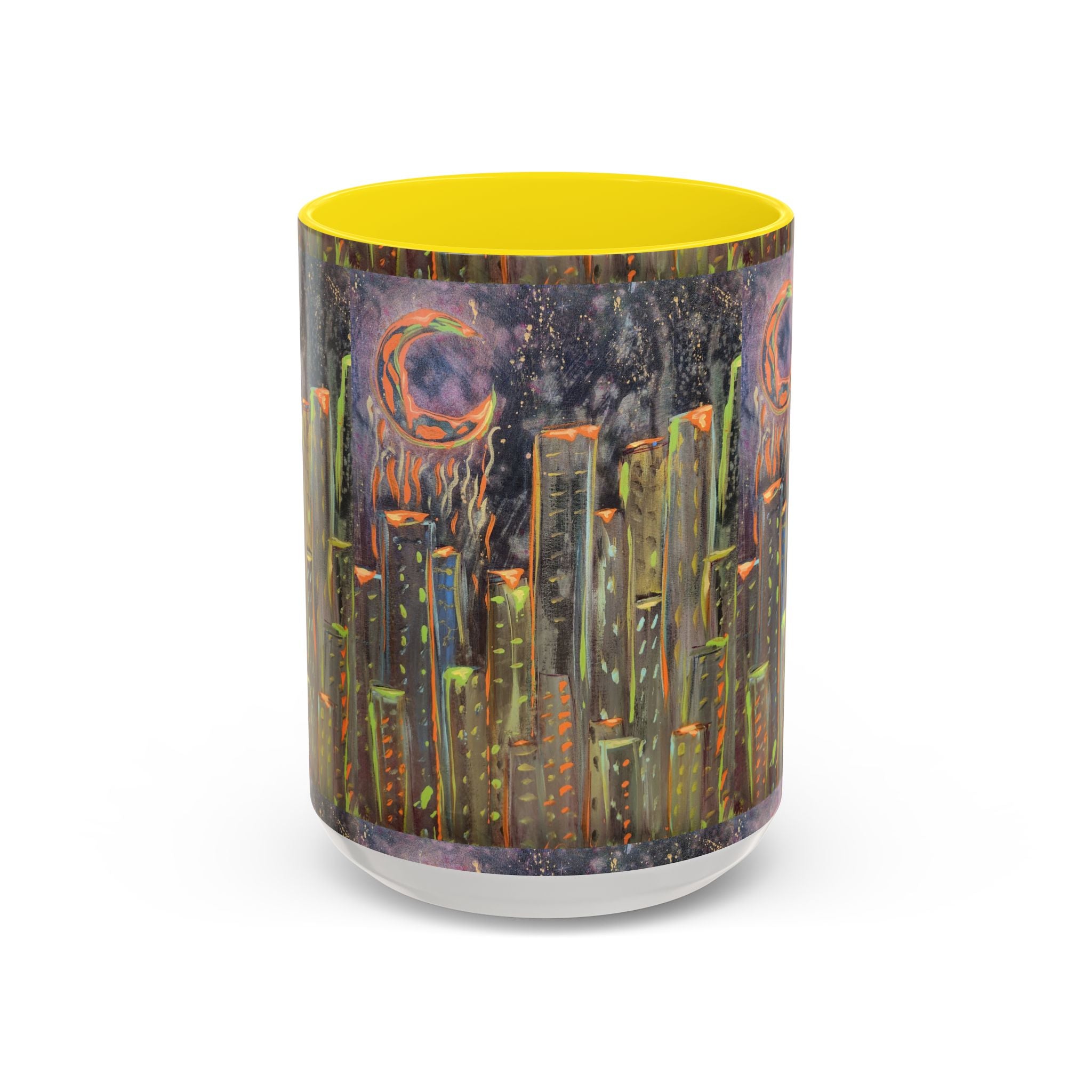 Cityscape Night Coffee Mug — Neon Skyline Art Accent Mug