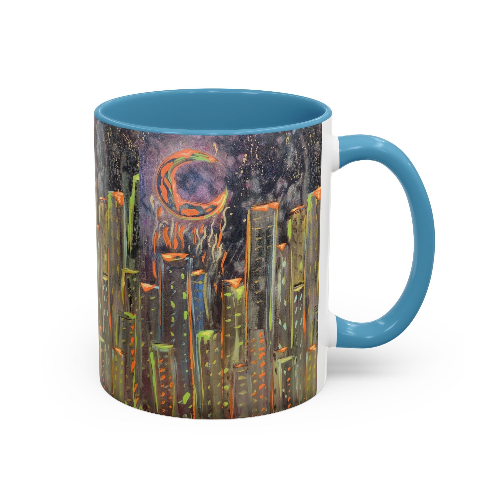 Cityscape Night Coffee Mug — Neon Skyline Art Accent Mug