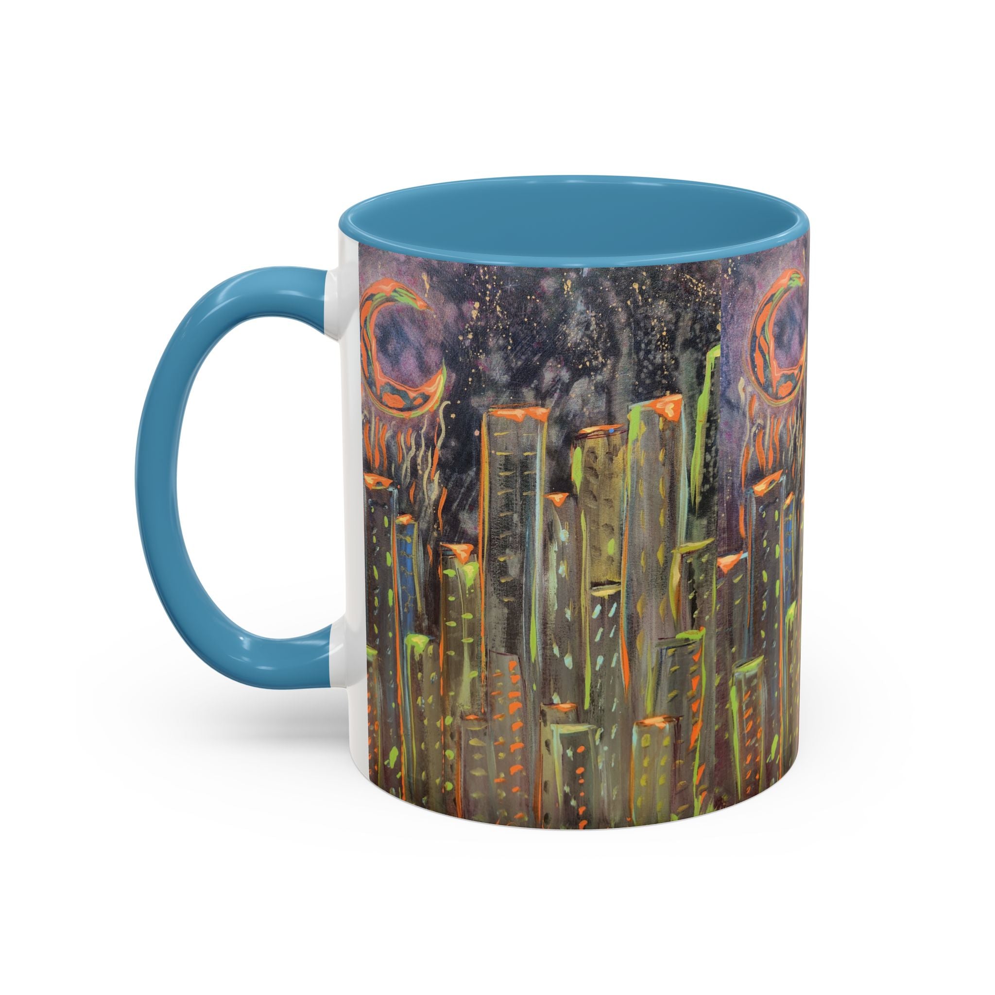 Cityscape Night Coffee Mug — Neon Skyline Art Accent Mug