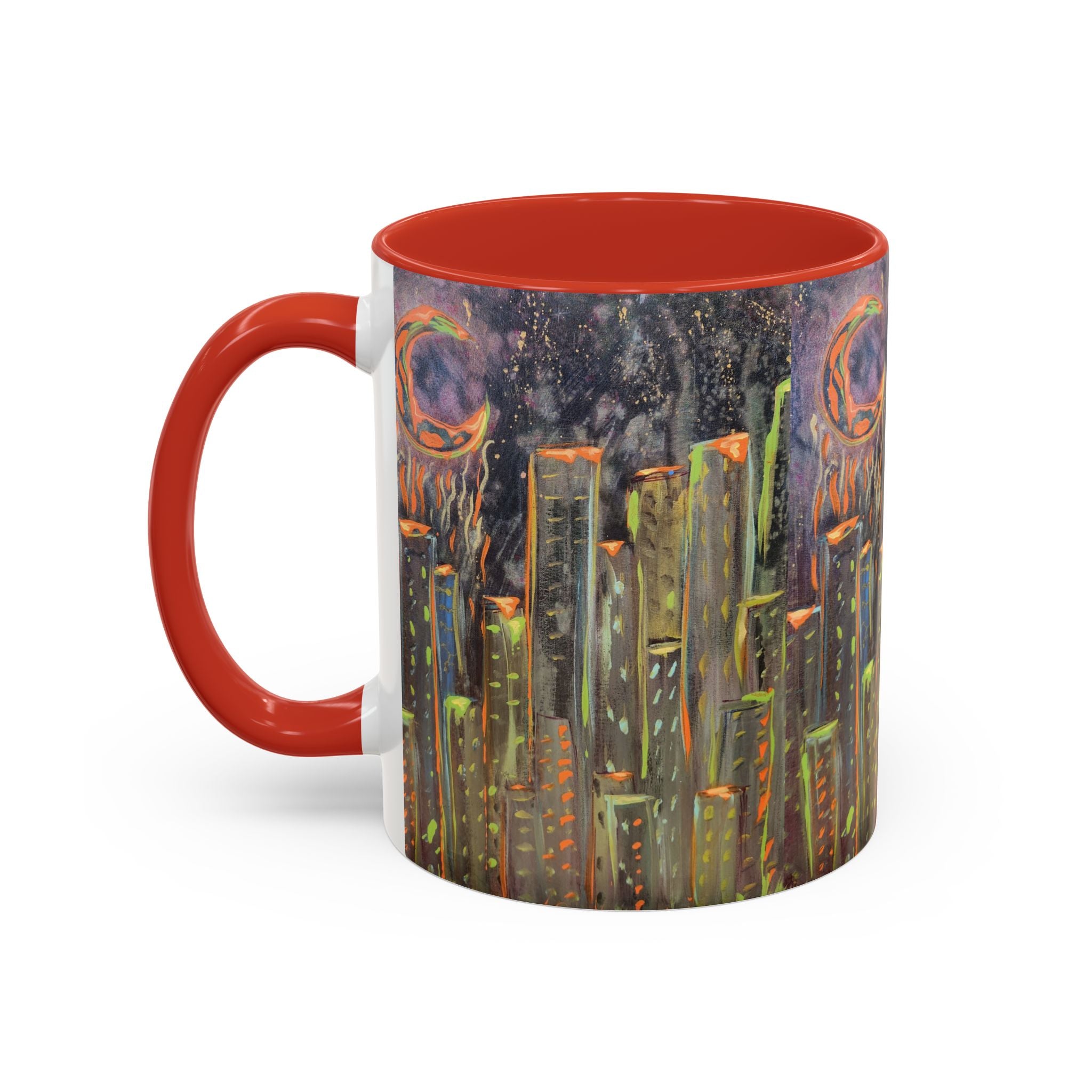 Cityscape Night Coffee Mug — Neon Skyline Art Accent Mug