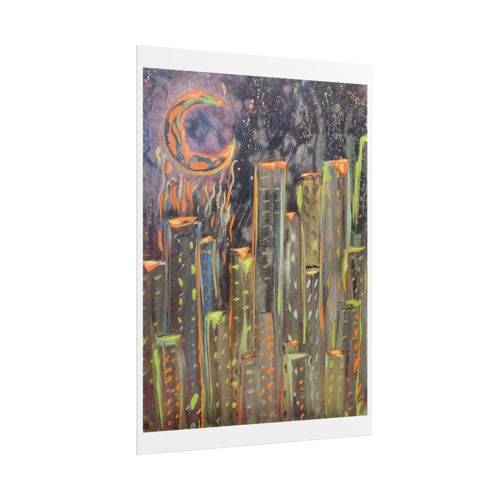 City Skyline Moon Poster — Neon Nightscape Rolled Art Print