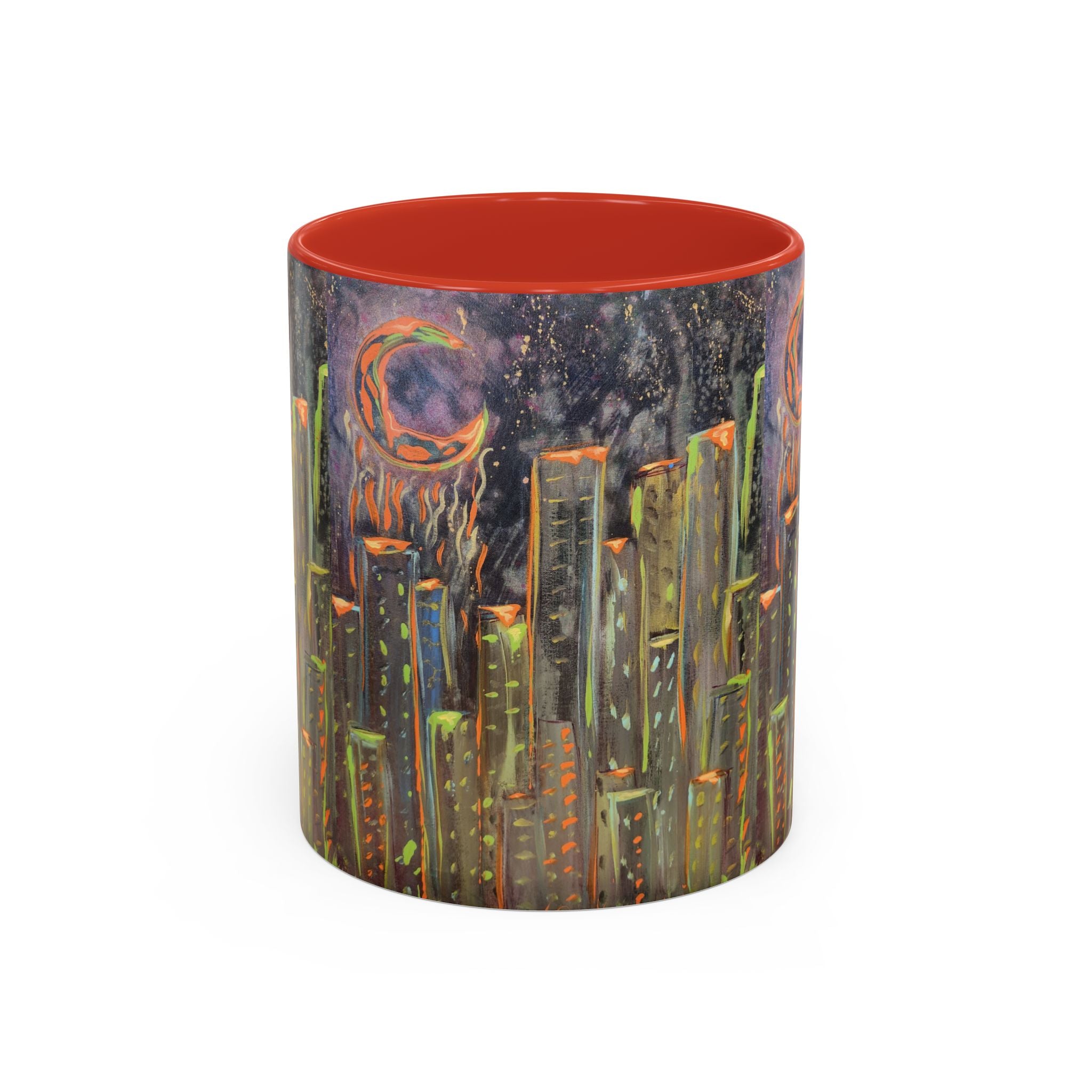 Cityscape Night Coffee Mug — Neon Skyline Art Accent Mug
