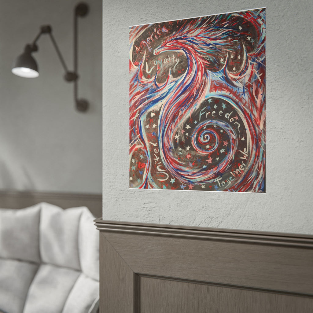 Rolled Poster — Patriotic Swirl Art Print: "Freedom, Unity, Loyalty" Red White Blue Decor